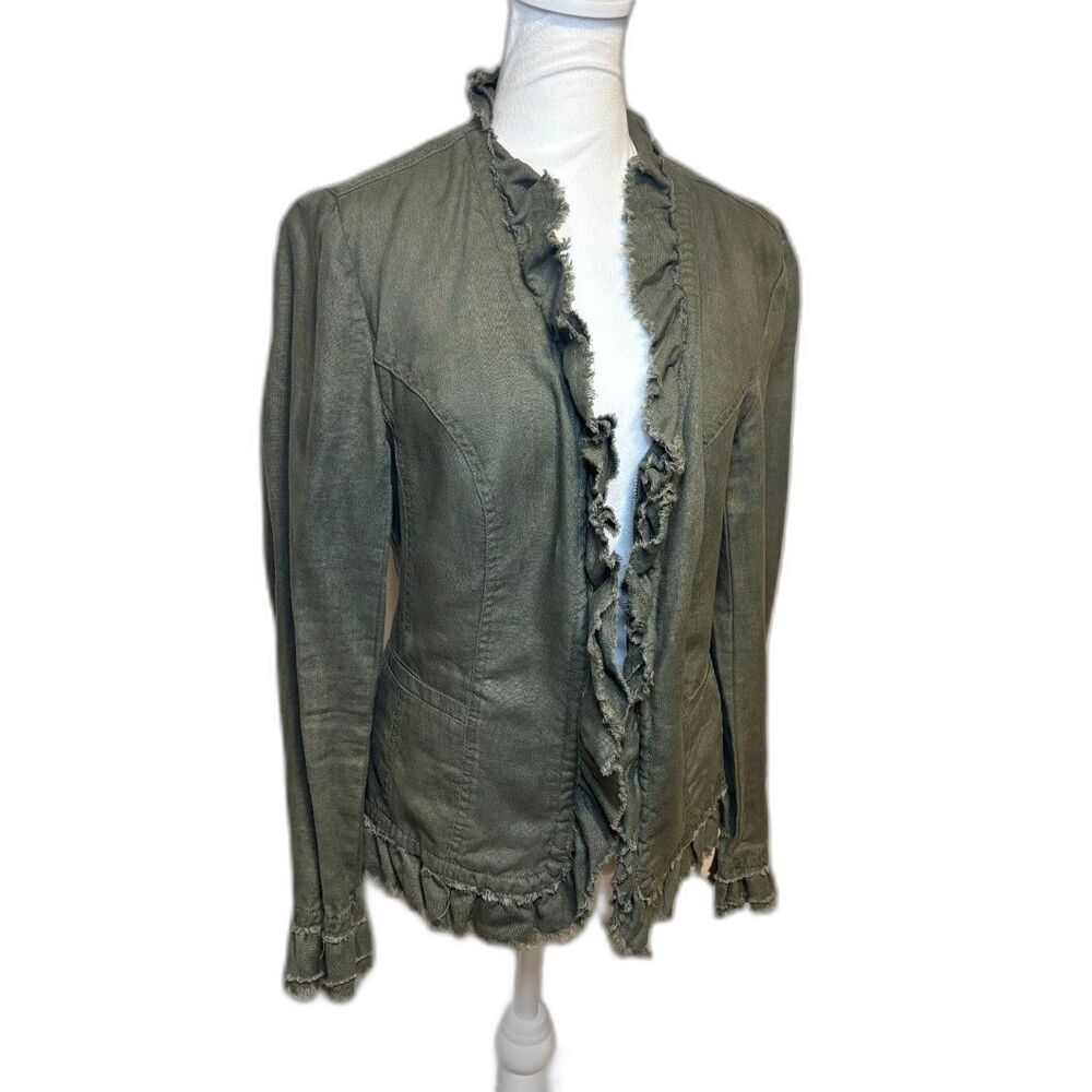 INC International Concepts Green Linen Ruffled Jacket Womens